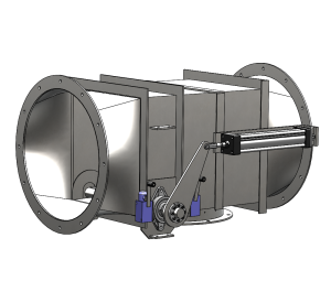 Industrial ventilation 90-degree divert damper for redirecting airflow in duct systems.