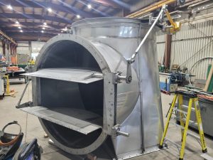 Industrial Dual Blade Divert Damper – Two dual-blade dampers arranged to control and redirect airflow in an industrial ventilation system.